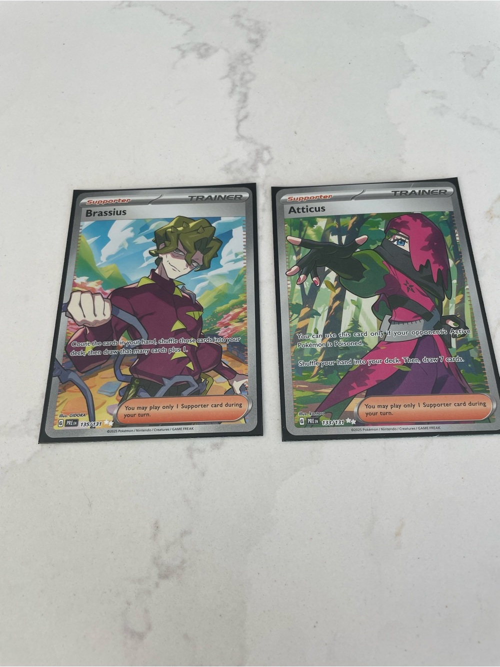 Pokemon Trainer Brassius & Atticus Full-Art Cards - Green, Purple, Pink Accents